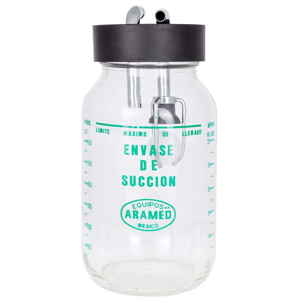Frasco de vidrio succión graduado de 1 litro con tapa de hule, niples y flotador